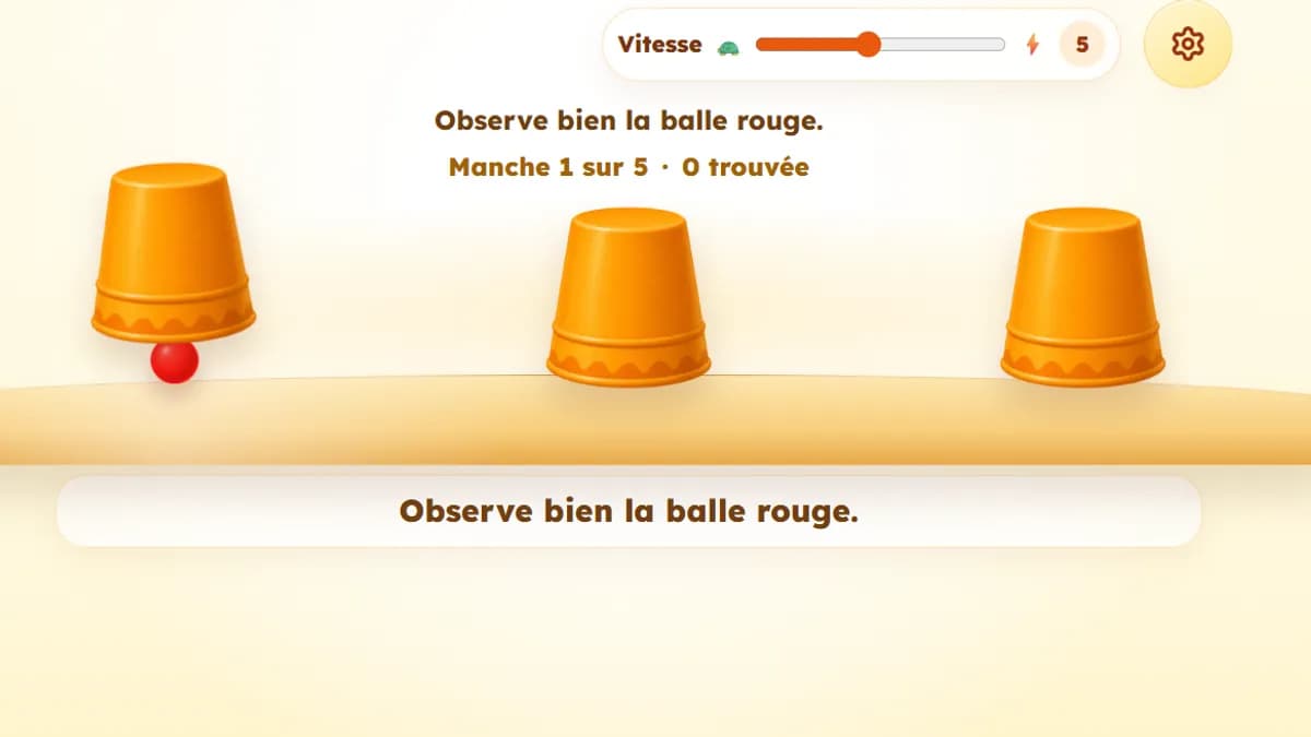 Capture d'écran du jeu Bonneteau : trois gobelets colorés’et une balle rouge à retrouver