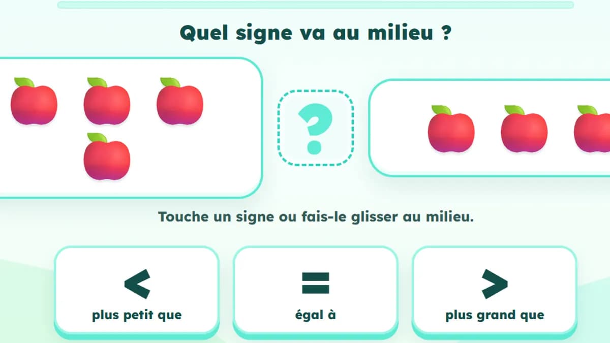 Capture d'écran du jeu Compare les quantités : comparer deux collections avec les signes < = >