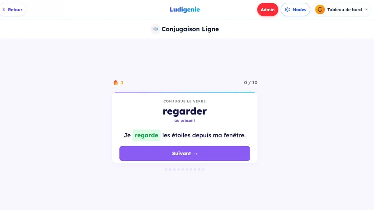 Conjugaison Ligne : jeu de lecture en action sur Ludigenie