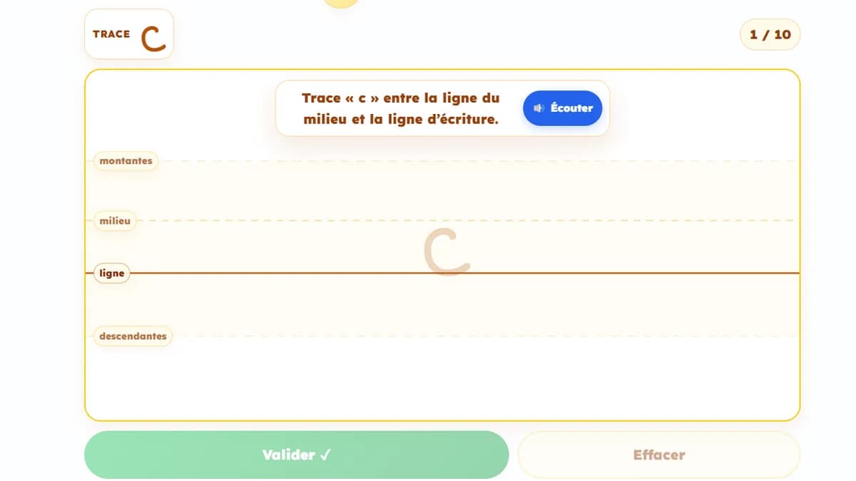 Capture d'écran du jeu Lettres cursives : tracé d'une lettre cursive sur tablette