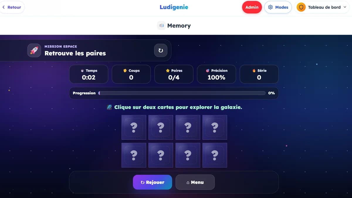 Memory : jeu de mémoire en action sur Ludigenie