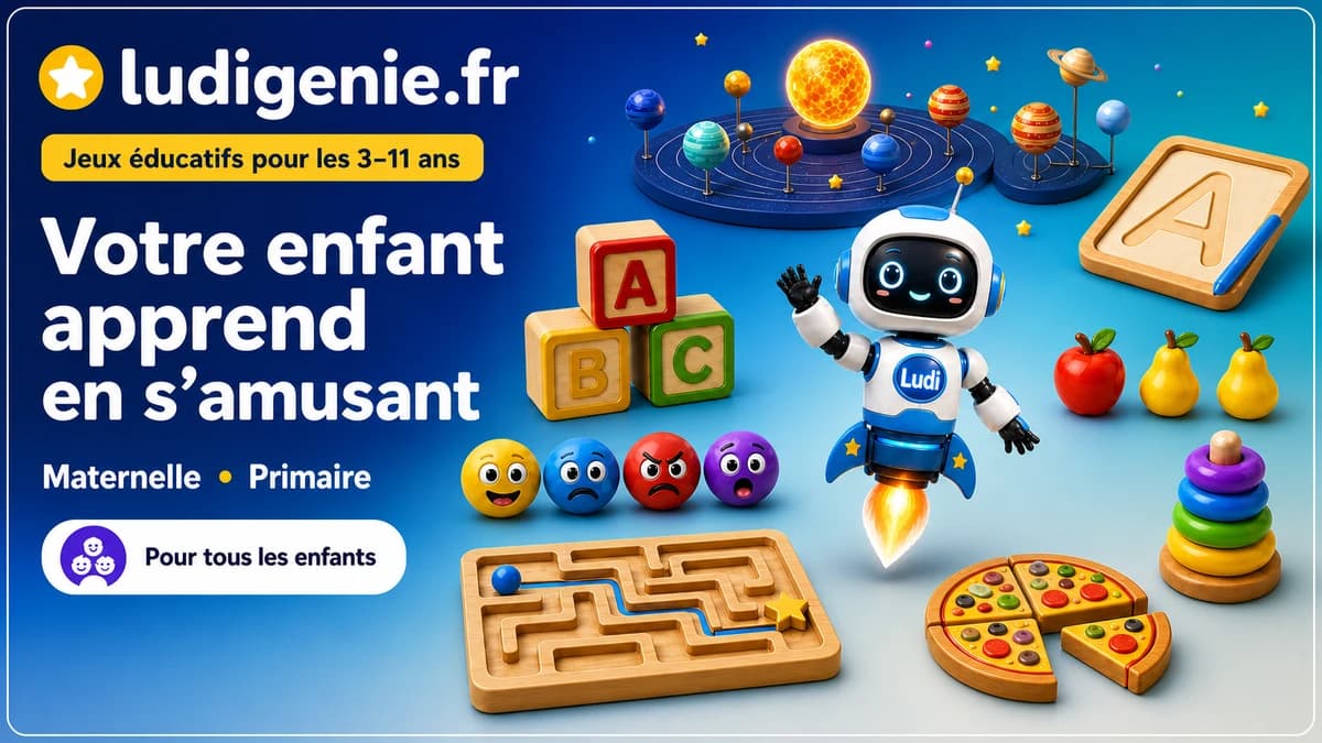Jeux éducatifs Ludigenie avec le robot Ludi, des lettres, des nombres et le système solaire